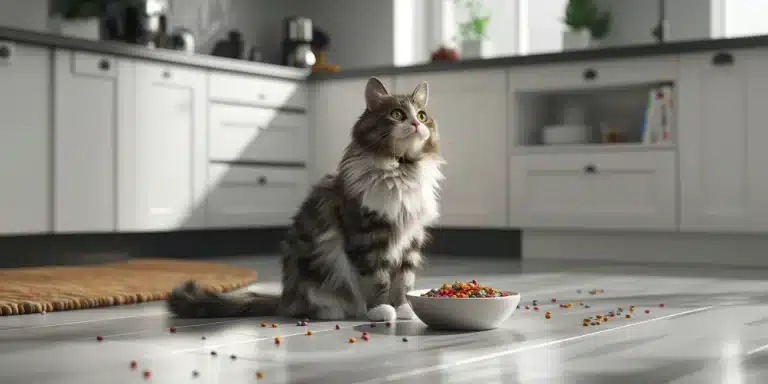 chat qui miaule devant sa gamelle